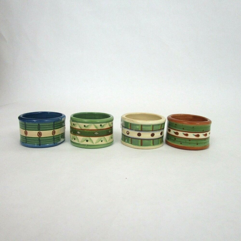 Lot of 4 Ceramic Napkin Rings Round Green Cream Glazed Stripes Dots Paisley